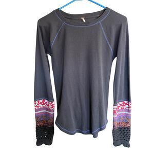 Free People In The Mix Cuff Thermal Top Z292-4 Blue Large Bohemian Boho Hippie